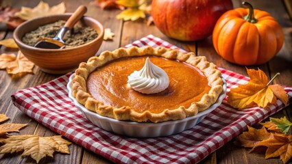 Aufkleber - A freshly baked pumpkin pie topped with whipped cream, surrounded by autumn leaves on a checkered tablecloth, ready for a festive gathering.
