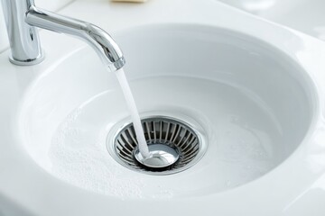 Aufkleber - A close-up view of a bathroom sink with water flowing from the faucet, suitable for use in illustrations and designs related to plumbing, bathrooms, or household maintenance