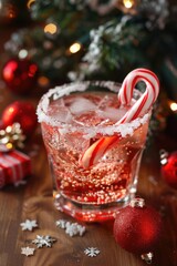 Poster - A festive scene with a glass filled with a candy cane next to Christmas decorations, perfect for holiday marketing or social media use