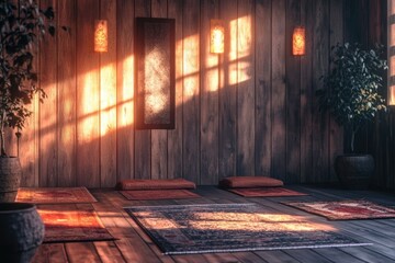 Aufkleber - A cozy room with a wooden wall and a potted plant, perfect for interior design or home decor inspiration
