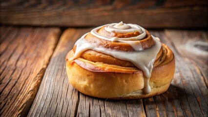 Poster - A freshly baked cinnamon roll, with a swirl of sweet frosting, sits on a rustic wooden surface, inviting you to savor the warm aroma and delicious taste.