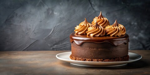 Poster - A decadent chocolate cake topped with swirls of rich caramel frosting, sitting on a simple white plate against a textured backdrop.