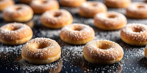 Poster - A close-up of a row of freshly baked, sweet donuts dusted with powdered sugar, arranged on a black surface, creating a visually appealing and mouthwatering scene.