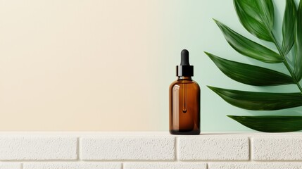 Poster - Amber dropper bottle resting on white brick surface with tropical leaf