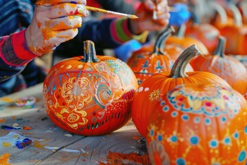 Poster - A person paints a pumpkin with a brush, creating a unique design