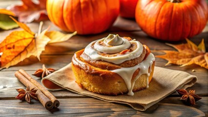 Poster - A Single Cinnamon Roll with Creamy Glaze, Autumn Leaves, and Cinnamon Sticks on a Rustic Wooden Surface