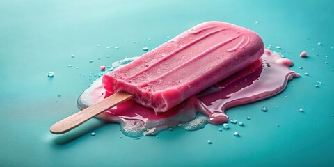 Poster - A partially melted pink popsicle on a teal surface, with the melted ice cream spreading out around it in a puddle, creating a colorful and refreshing visual.