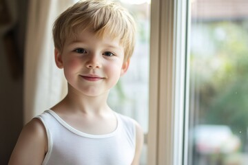 Aufkleber - A young boy standing in front of a window, looking outside