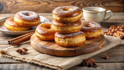 Aufkleber - Sweet Treats on a Wooden Board A Collection of Glazed Donuts with Cinnamon and Star Anise