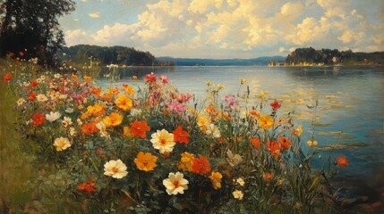Wall Mural - colorful lakeside flowers landscape