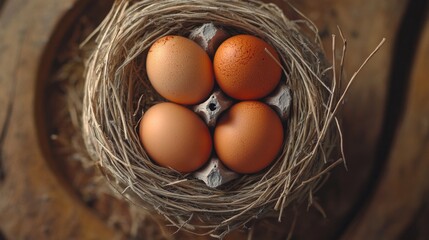 Poster - A cozy scene of four eggs nestled in a wooden table, ideal for food and nature photography
