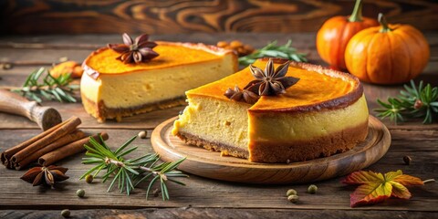 Poster - A Slice of Pumpkin Cheesecake Decorated with Star Anise and Cinnamon Sticks on a Wooden Cutting Board