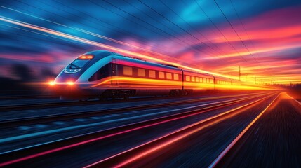 Poster - railroad in motion at sunset railway station with motion blur effect against colorful blue sky industrial concept background railroad travel railway tourism blurred railway transportatio