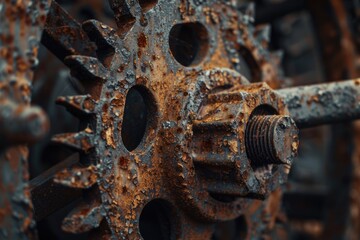 Poster - A close-up view of a rusty gear wheel with intricate details and texture