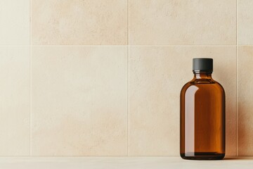 Poster - Amber glass bottle standing on stone slab against neutral tiles wall