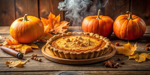 Aufkleber - A freshly baked pumpkin pie, steaming with warmth, sits amidst a fall tableau of golden leaves, pumpkins, and rustic wood.