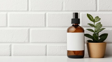 Poster - Amber cosmetic bottle with blank label, plant, and white brick wall background
