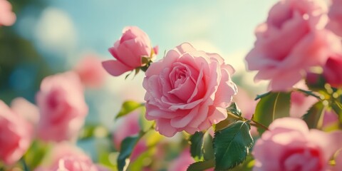 Poster - A bouquet of pink roses surrounded by green leaves