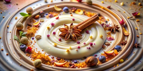 Poster - A Creamy White Dessert Garnished with Cinnamon Sticks, Star Anise, and Assorted Dried Fruit and Berries on a Whimsical Circular Wooden Plate