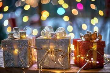 Poster - Three decorative gift boxes covered in glitter, suitable for holiday or celebratory occasions