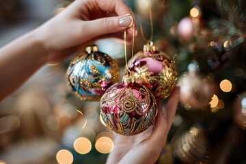 Poster - A person holding a festive Christmas ornament in front of a decorated tree