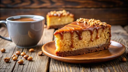 Canvas Print - A slice of caramel cake drizzled with rich caramel sauce, resting on a wooden plate, accompanied by a cup of steaming coffee and scattered coffee beans, a delicious and comforting combination