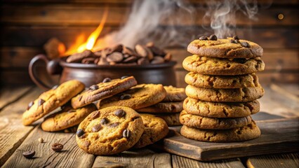 Aufkleber - A warm stack of freshly baked chocolate chip cookies, with a soft golden-brown color and a rich, enticing aroma, sits on a rustic wooden table alongside other cookies, creating a comforting scene.
