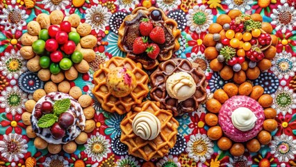 Poster - A Festive Array of Mini Waffles, Topped with Whimsical Delights, Encircled by Colorful Confections, Creating a Visual Feast for the Senses