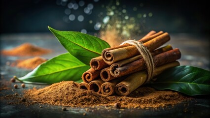 Poster - A Bundle of Cinnamon Sticks with Ground Cinnamon and Bay Leaves, aromatic and warm spices for baking and cooking.
