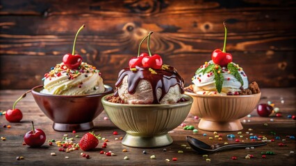 Poster - Three decadent sundaes with chocolate sauce, cherries, and colorful sprinkles in ceramic bowls on a rustic wooden table