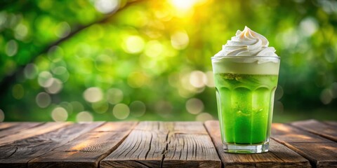 Poster - A refreshing green drink with whipped cream on a wooden table with a blurred green background.