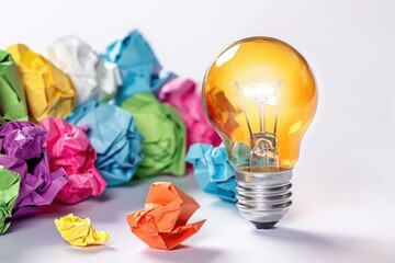 Poster - A light bulb surrounded by crumpled papers, often used as a symbol for creative inspiration or brainstorming