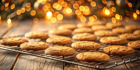 Poster - Golden Brown Cookies Cooling on a Wire Rack With Festive Bokeh Lights in the Background
