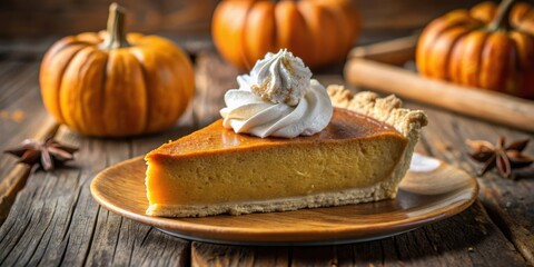 Poster - A slice of pumpkin pie topped with whipped cream and a sprinkle of cinnamon, resting on a wooden plate, surrounded by whole pumpkins and star anise on a rustic wooden table.