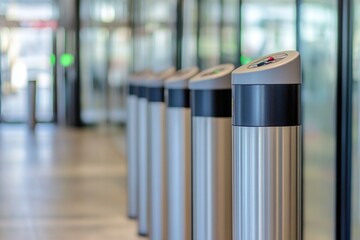 Poster - Row of metal poles leading up to a glass door, suitable for use as an entrance or exit point in various settings