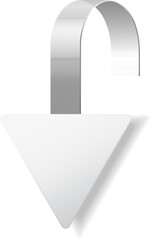 Poster - Modern, blank white triangular wobbler with a metallic clip hangs elegantly against a clean backdrop, perfect for personalized messages or ads in retail