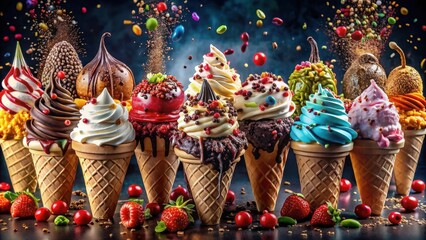 Poster - A symphony of sweet delights, each ice cream cone adorned with a vibrant array of toppings, creating a visual feast that tantalizes the senses.