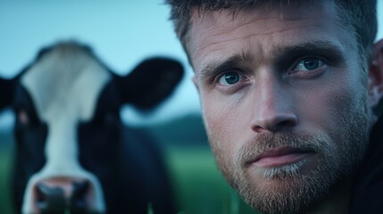 close-up portrait of a man's face. he is looking directly at the camera with a serious expression. t
