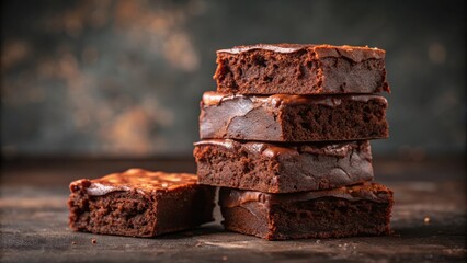 Poster - A stack of four rich, fudgy brownies with a hint of chocolate frosting, sitting on a rustic wooden surface against a blurred background.