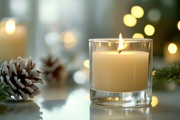 Poster - A simple still life featuring a candle and pine cone on a wooden table