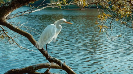 Poster - A white bird sits atop a tree branch, looking out at the surroundings