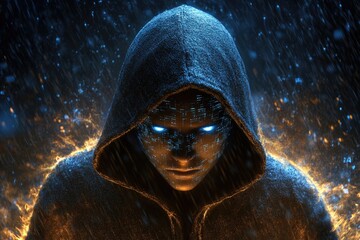 Poster - A person wearing a hooded coat stands outside in the rain, holding an umbrella