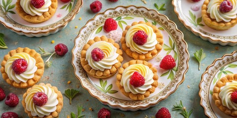 Poster - Delicate pastry cups filled with whipped cream and topped with plump raspberries, presented on elegant ornate saucers, a delightful treat for any occasion.