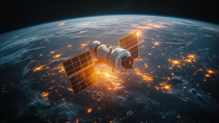 Poster - satellite in outer space with cartoon style 3d rendering