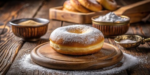 Poster - A Single Glazed Donut with Powdered Sugar on a Wooden Board, Surrounded by a Scatter of Powdered Sugar and Other Donuts in the Background
