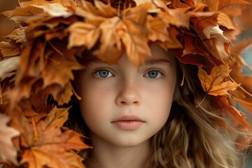 Sticker - A young girl wearing a natural wreath of leaves on her head, great for autumn or outdoor themed images