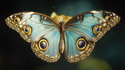 Poster - A blue butterfly perched on the center of a bright yellow flower, with delicate petals and soft sunlight