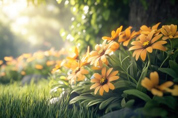 Poster - A bunch of bright yellow flowers sitting on green grass
