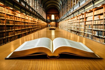 Poster - An open book sits on a wooden table, perfect for education and learning scenes