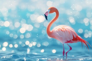 Poster - A single flamingo stands in calm water